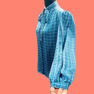 Townhouse Vintage 90’s Tie Neck Blouse Blue Plaid Size 14